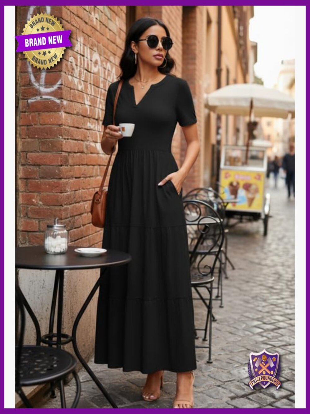Women's Casual Loose Maxi Dress with Pockets V Neck Short Sleeve Tiered Long - Picture 2 of 7